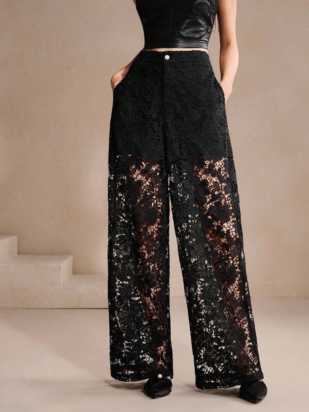 Black Elegant Women's Floral Lace Hollow-Out Pants - Picture 6 of 7